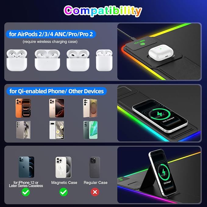 XXL RGB LED Gaming Mouse Pad with Magnetic Wireless Charger & Foldable Phone Holder, 31.5"x15.8" Extended Ultra-Smooth Desk Mat, 25 Lighting Effects, Non-Slip Base