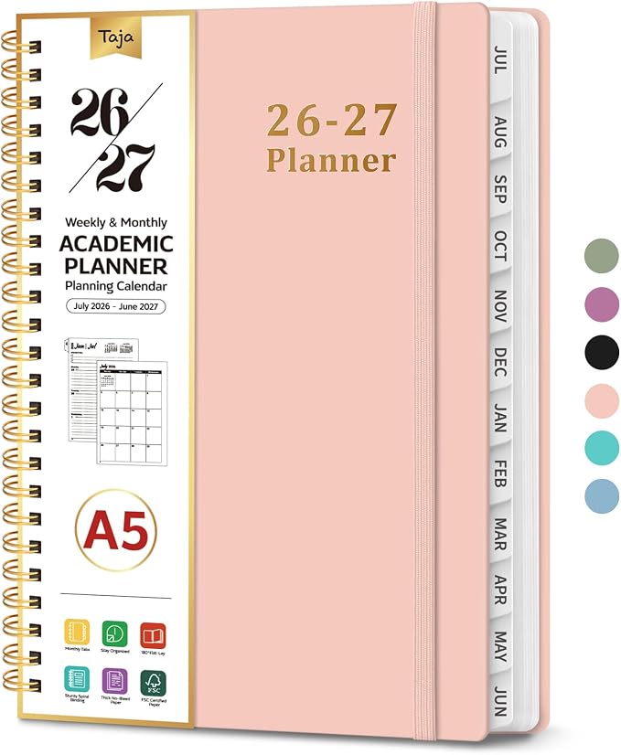 Planner 2026-2027, 6.3" x 8.5" Weekly and Monthly Academic Year Planner Calendar, July 2026 - June 2027, Hardcover Large School Planning Agenda With Tabs, Perfect for School & Office Supplies, A5, Pink