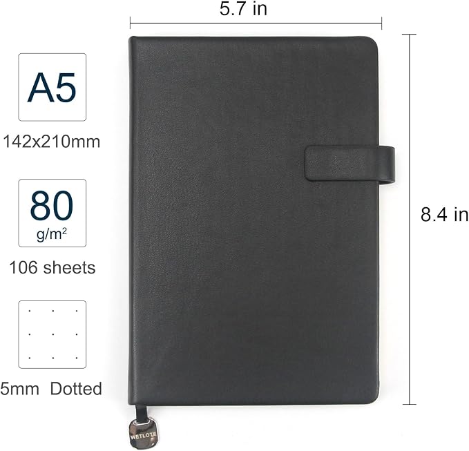 A5 Hard Cover Dot Grid Notebook, Pen Holder & Gold Edges, 180° Lay Flat Journal, Large 5.7 x 8.4 in, Bookmark & Gift Box, Business Notebook for Work, Study, Travel(Black)