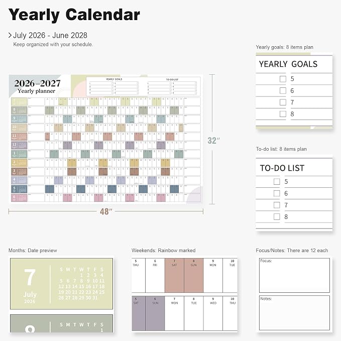 Ospelelf 2026-2027 Wall Calendar Large 32'' x 48'' Dry Erase Laminated Calendar for Wall, 24 Month Big Family Calendar, Use July 2026 - June 2028 (Morandi)