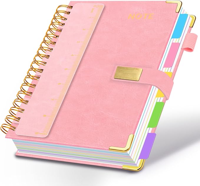 Hardcover Spiral Notebook 8''x 10'' College Ruled Notebook with Magnetic Closure, 300 Pages 5 Subject Notebooks with Pocket Dividers for Work School, B5 Leather Journal for Women, Men (Pink)