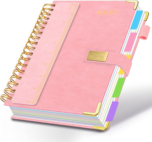 Hardcover Spiral Notebook 8''x 10'' College Ruled Notebook with Magnetic Closure, 300 Pages 5 Subject Notebooks with Pocket Dividers for Work School, B5 Leather Journal for Women, Men (Pink)