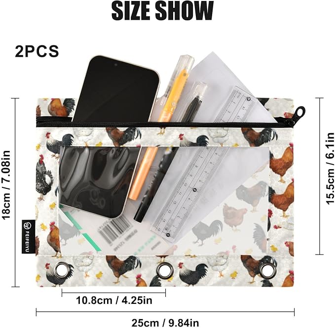 ALAZA Pencil Pouch for 3 Ring Binder, Hens Roosters and Chickens Binder Pencil Pouches with Clear Window Zipper Pencil Case Cosmetic Bags for Office College Supplies, 2PCS