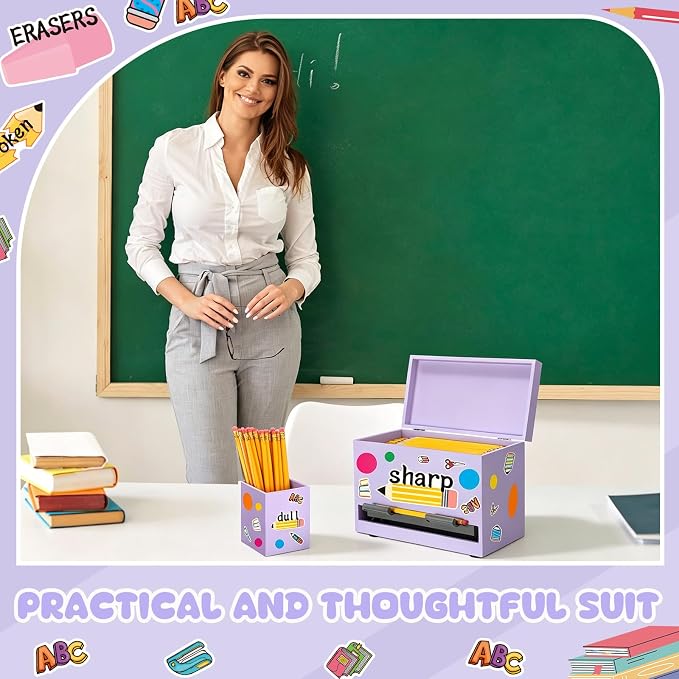 Mifoci Wooden Pencil Dispenser Kit for Classroom Wooden Pen Holder Straw Dispenser Sharp and Dull Letter Stickers for Teachers Classroom Supplies Storage(Light Purple)