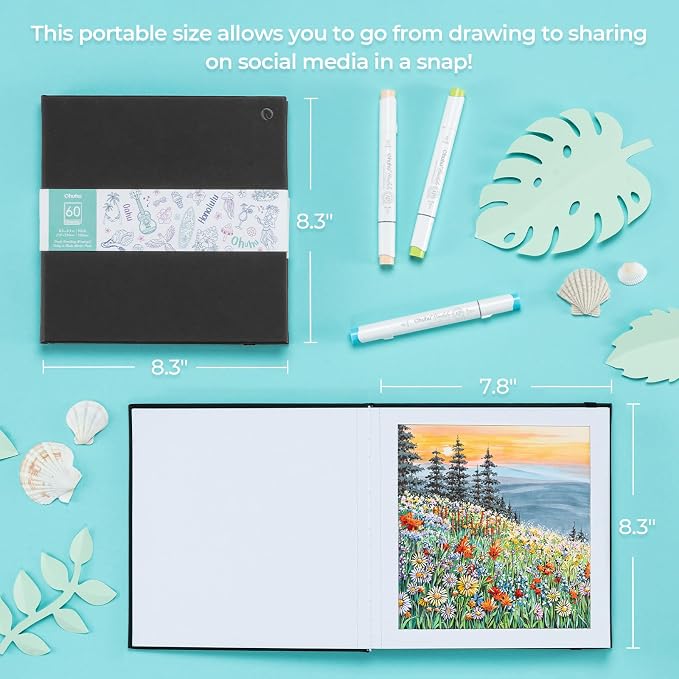 Ohuhu Double-Sided Marker Pad Art Sketchbook Bleedproof - 8.3"x8.3" Square Paper Size - 90 LB/150 GSM Smooth Drawing Paper - 60 Sheets/120 Pages - Hardcover Sketching Book for Alcohol Markers Paints