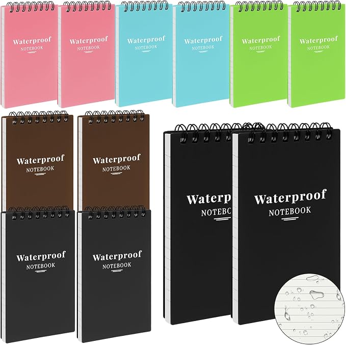 12 Pack 3x5" Waterproof Mini Notebook, Top Spiral Small Notepad for Outdoor | Pocket Notepad, Stone Paper Note Pads, All-Weather Tearproof Stain & Grease Resistant, for Camping Office Travel Work School