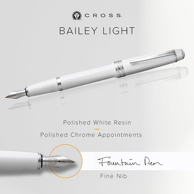 Cross Bailey Light Polished White Resin Fine Nib Fountain Pen - Professional Pen for Effortless Writing - Journaling, Note-Taking & More - Black Ink - Easy Handling - Includes Gift Box