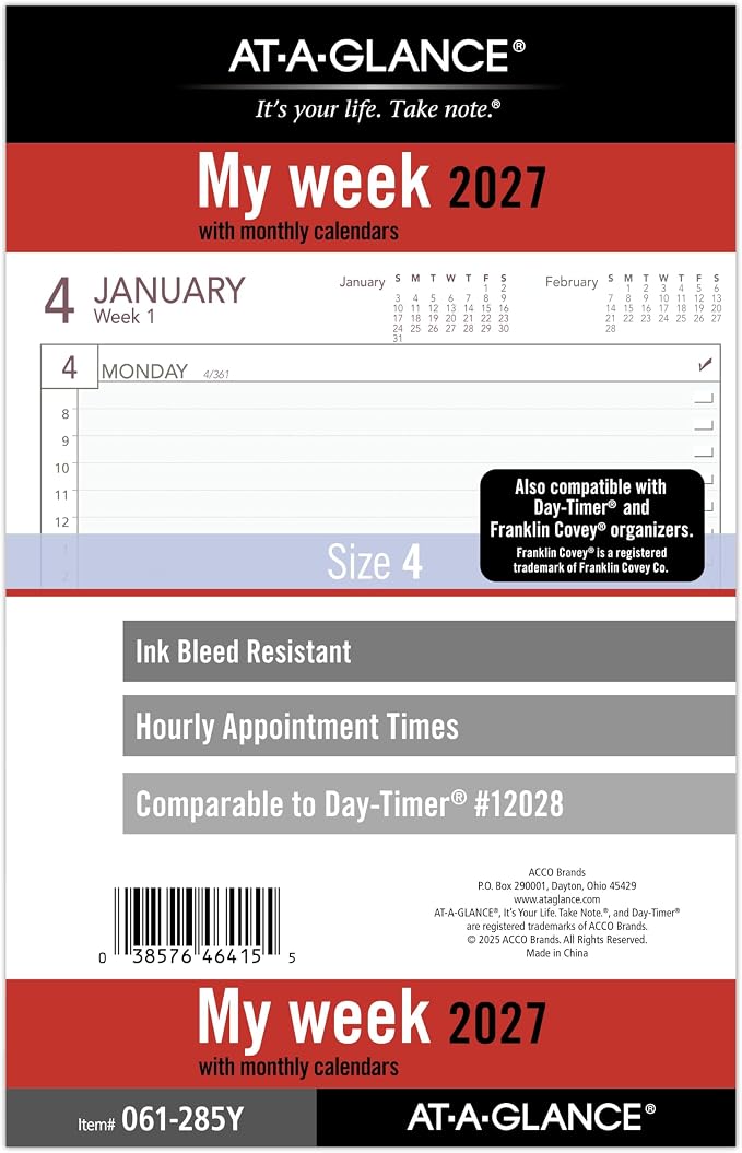 AT-A-GLANCE 2027 Planner Refill, Weekly, 5.5" x 8.5", Desk Size 4, 7-Ring Loose-Leaf (061-285Y-27)