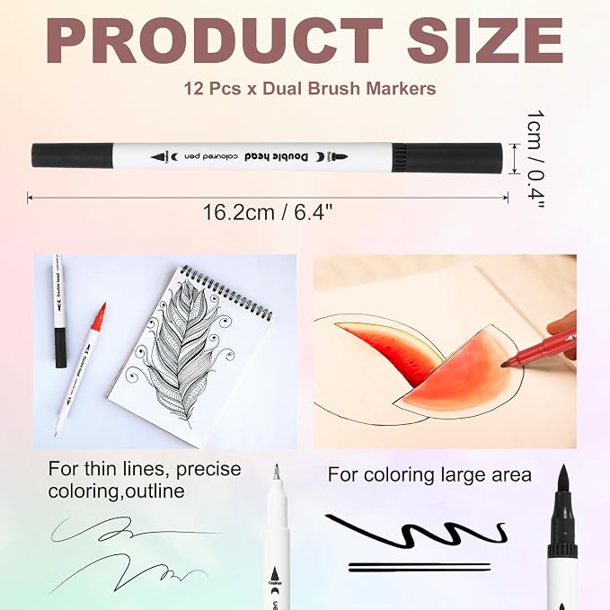 PATIKIL 12Pack Dual Brush Markers, Black Watercolor Fine and Brush Tips Pens Colored Marker Calligraphy Coloring Art Supplies Set for Coloring Book Illustration Sketching Journaling