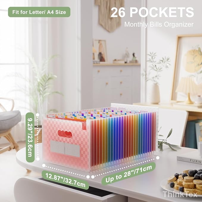ThinkTex Accordion File Organizer, 26 Pockets Expanding File Folders, Pink | Monthly Bill Receipt Documents Organizer, A-Z Colorful Tabs, Letter/A4 Size for Classroom Office Organization Home Hospital