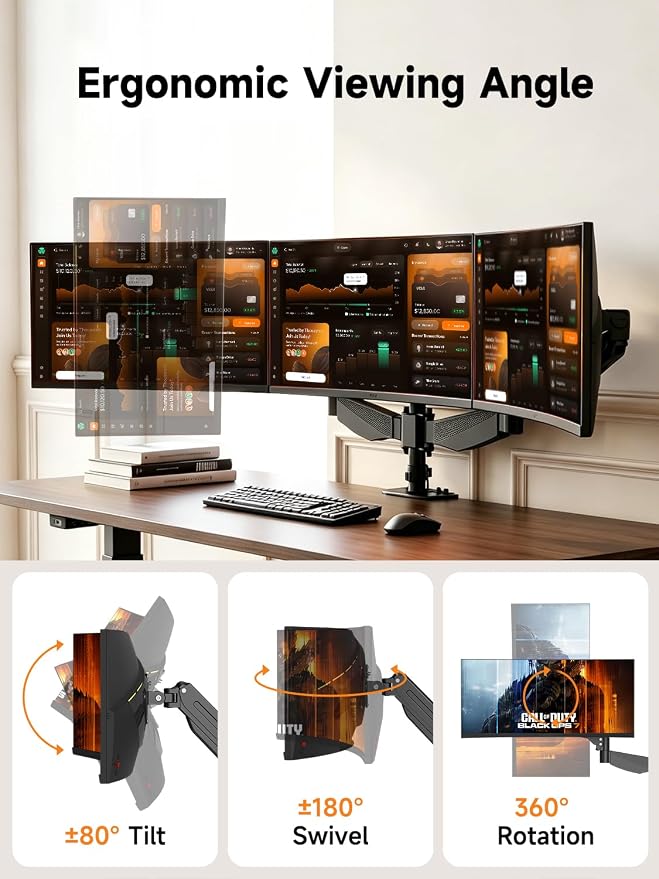 Bracwiser Triple Monitor Mount for 17 to 34 inch Screens, Holds up to 26.45lb, Adjustable Triple Monitors Stand for Desk with Tilt, Swivel, Rotation, Clamp & Grommet Kit, VESA 75/100mm, Black, MDX003P