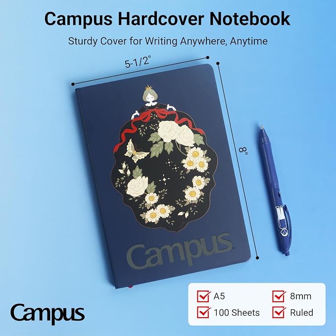 KOKUYO Lined Journal Notebook, A5 Hardcover Notebook for Women in 8mm Ruled, 100 Sheets Travel Journal in 5.5'' x 8'', Journaling, Writing, Work & Office, 70 GSM Japanese Smooth Paper, Navy