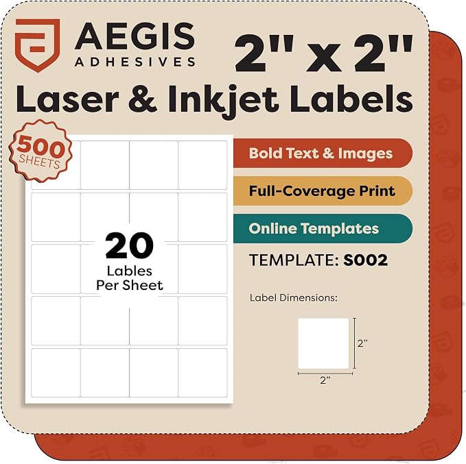 2x2 Inches Square Labels, Printable Custom Labels, Business Logo Stickers, Small QR Codes for Laser & Inkjet Printers, Matte White - Aegis Adhesives Template S002 (500 Sheets, 10000 Stickers)