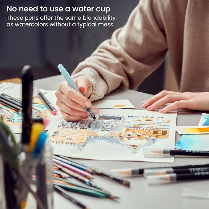ARTEZA Real Brush Pens, 48 Colors, Watercolor Pens and Drawing Markers with Flexible Nylon Tips, Bonus Water Brush for Coloring, Sketching, Lettering and Art Journaling