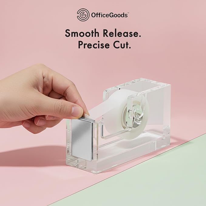 OfficeGoods Acrylic Tape Dispenser – Modern Desk Organizer for Office Supplies, Heavy Duty Refillable Tape Holder for Home and School Crafting, Stylish Desktop Accessory for Gift Wrapping, Silver