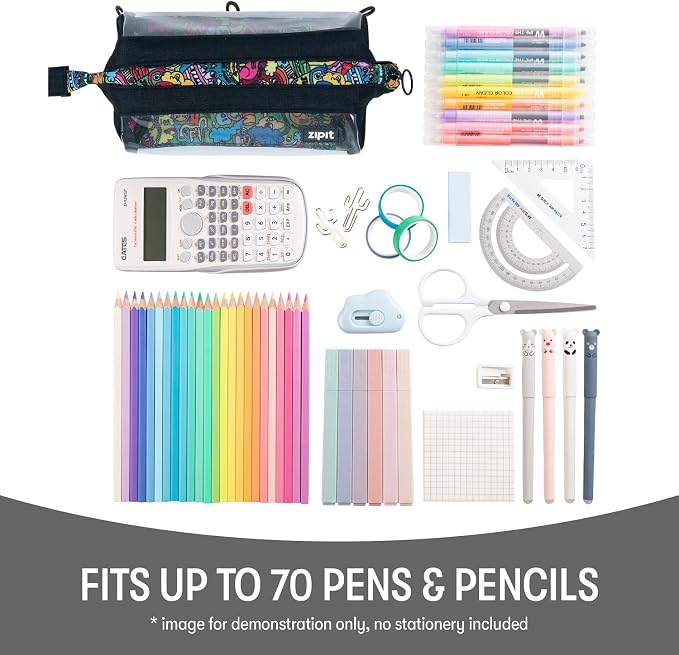 ZIPIT: Lenny Pencil Case - Clear & Doodles - Large Storage Capacity Zipper Pouch, Colorful Makeup-Stationery Bag, School-Office-Travel, Kid-Teen-Adult
