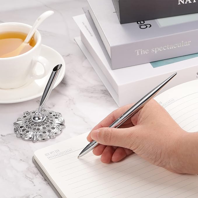 Outus 2 Pieces Wedding Pens for Guest Book Signing Pen with Metal Hollow Round Holder Stand Set for Wedding Bridal Engagement Reception Supplies(Silver)