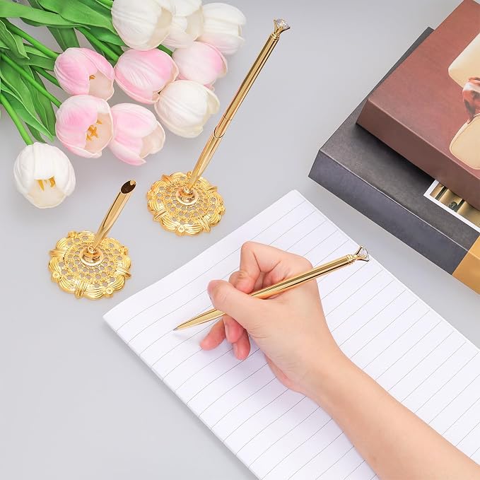2 Pcs Gold Hollow Round Pen Holder with Diamond Metal Pen Stand Holder Set Signing Pen Set Signing Desk Ballpoint Pens for Guest Book Wedding Birthday Graduation Teacher Office Business
