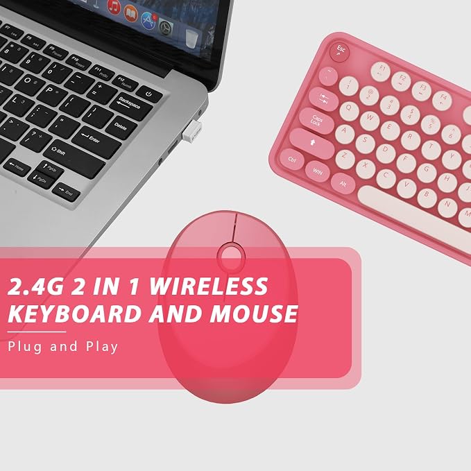 Colorful Wireless Keyboard and Mouse for PC Laptop | Cute Colorful Typewriter Retro Round Keyboard and mouse for PC Laptop