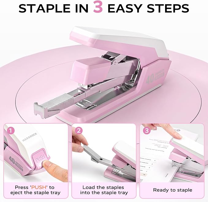 Effortless Stapler for Desk with 40-50 Sheet Capacity, 2000 Staples, 1-Touch Stapling, Ergonomic & Easy to Load Desktop Staplers, Heavy Duty Stapler, and Magnetic Staple Remover, Pink
