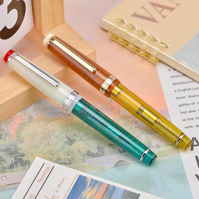 2PCS Jinhao 82 Fountain Pen Extra Fine Nib & Fine Nib with Converter, Mixed Transparent Green Yellow Writing Pen Set