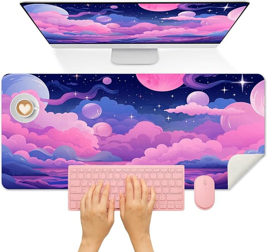 Britimes Pink Blue Planet and Clouds Desk Mat Cute Colorful Sky Deak Pad Non-Slip PU Leather Large Keyboard Mouse Pad Office Desktop Accessories for Office,Work,Home Decor(31.5"X15.7")