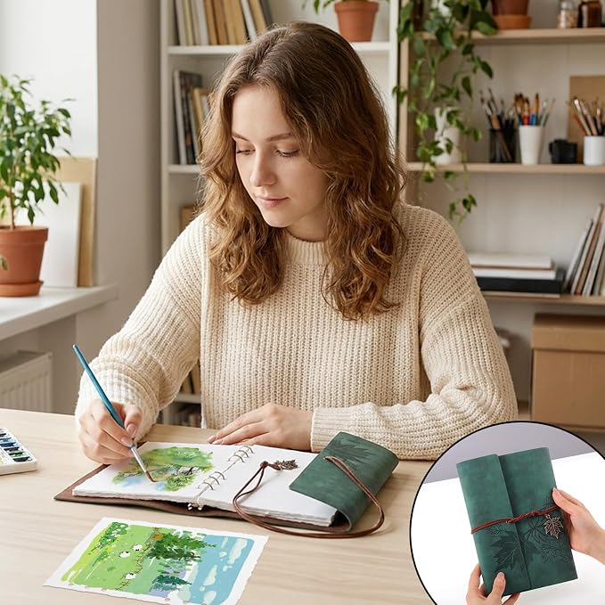 Watercolor Journal, 24 Sheets Cold Press Paper, 5.5 x 8.1 in, Green | Deckle Edge Paper, Leather Cover, Ring Binder, Mixed Media Sketchbook for Artists, Students, Travel, Class, and Home Use