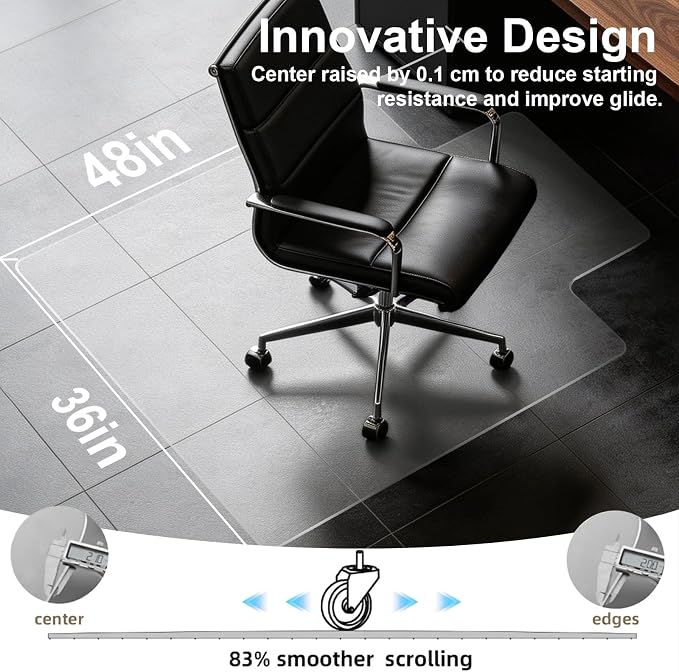 Clear Chair Mat for Hard Floor, 36" x 48" Heavy Duty Desk Mat, Convex | Durable Thick PVC, Anti-slip Grip Backing, Smooth Rolling Surface, Scratch-resistant Surface