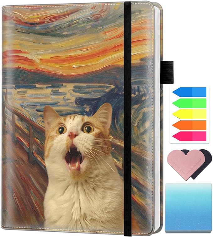 A5 Leather Lined Journal Notebook, 200 Pages Hardcover Executive Notebook for Men Women Office School Note Taking, Thick Writing Paper Daily Journal with Bookmarks/Indexes,Funny Cat