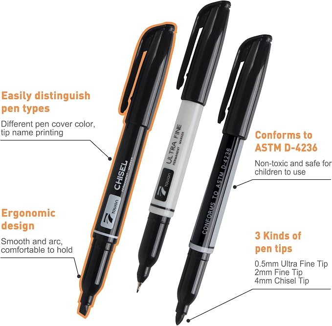 TOWON 12 Black Permanent Markers with Portable Bag - Waterproof Quick Drying Pens Set 8 Fine Tip, 2 Ultra Fine, 2 Chisel Tip Office Home School Supplies for Adults Writing Doodling Marking
