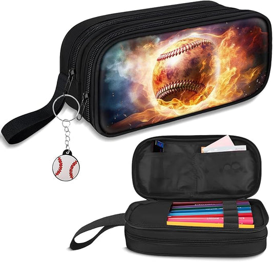 TILYTADLY Large Pencil Case for Boys - Baseball Boys Pencil Pouch with Zipper Compartments - Big Capacity Pen Box Pen Bag Organizer with Keychain for Kids Teens School