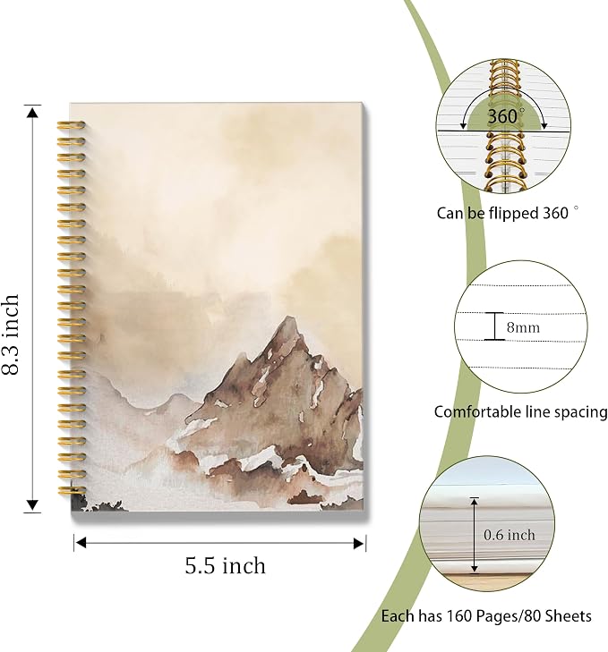 Watercolor Mountain Landscape Spiral Notebook, Gifts for Nature Lovers Journal, Travel Journal Notebook, Gifts for Travelers Women Men, 5.5x8.3 Inch
