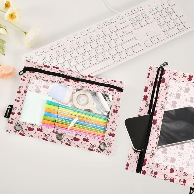 Pink Bow Cherry Polka Dots Pencil Pouch for 3 Ring Binder 2 Pack Zipper Binder Pencil Bag Case with Clear Window Office Supplies