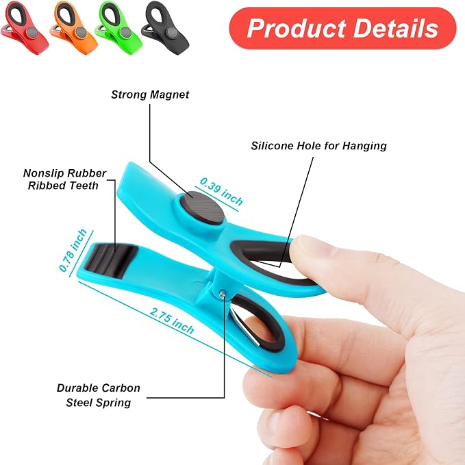 Jetmore 12 Pack Chip Clips Bag Clips, Magnetic Bag Clip for Food Storage Heavy Duty, Plastic Food Clip for Chips, Snack, Kitchen, Refrigerator, Garden, Sewing, Fabric, Clothes Pins | Heavy duty, plastic food clip for chips, snack, kitchen, refrigerator...