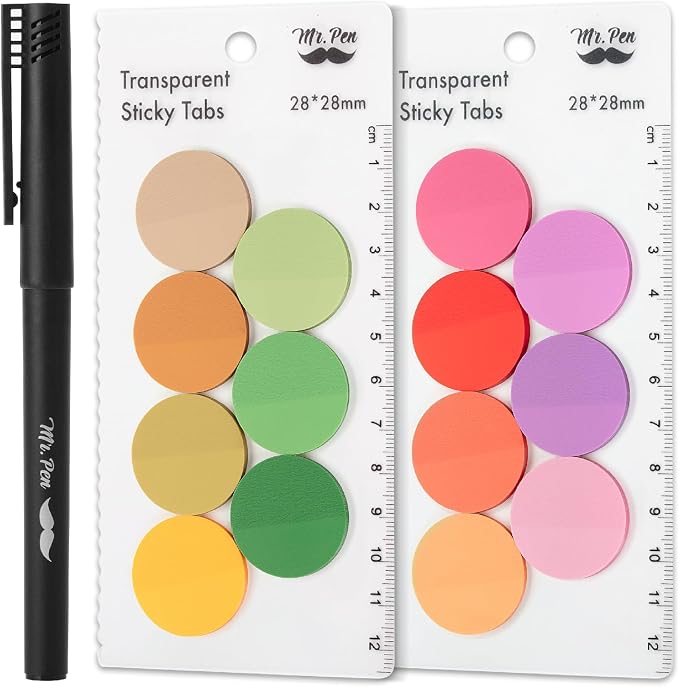Mr. Pen- Round Transparent Sticky Notes, 1.1” Diameter, 14 Pads, 560 Sheets | Colorful, Water-Resistant See-Through Sticky Notes & Fineliner, Smooth Writing, Note Tabs for Bible Journaling, Studying