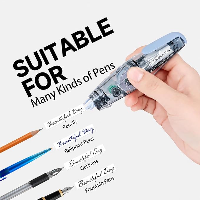 High-capacity Refillable White Correction Tape,32.8 Feet x 0.2”, 2-Count of Extra-long Correction Tape with Easy to Use Pen Shaped Applicator,Fast, Clean and Tear-Resistant for Office School Supplies