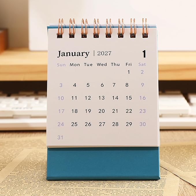 Mini Desk Calendar 2026-2027 - Runs From January July 2026 until Dec 2027, 18-Month Small Desktop Calendar 250gsm Thick Paper Twin-Wire Binding for Home or Office (Blue)