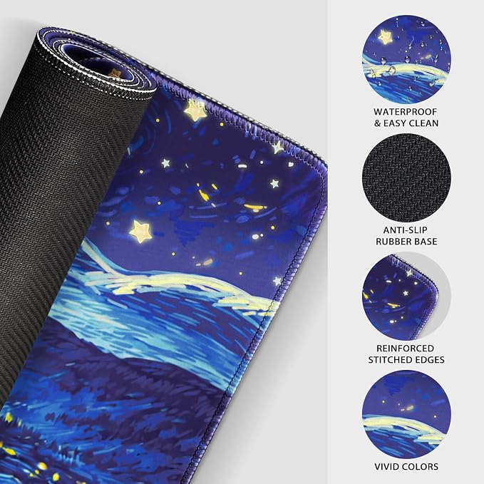 Starry Night Cat Large Mouse Pad, 31.5"x15.7" Desk Mat, Anti-Slip Rubber Base Keyboard Pad with Stitched Edges, Water-Resistant Smooth Desk Blotter, Computer Mat for Home Office Desk
