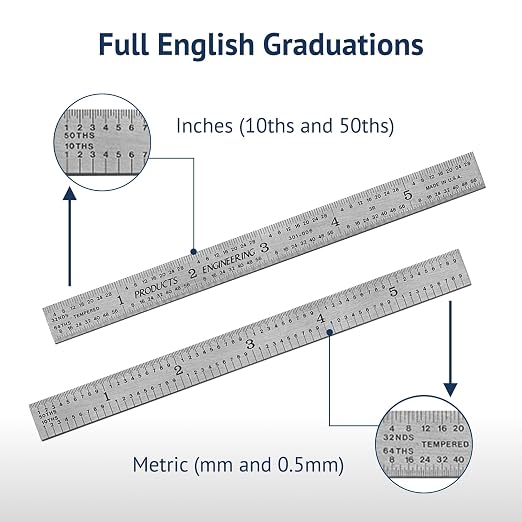 PEC Tools Made in USA Machinist Rule, 6" Flexible Steel Rule (3 Pack), Markings 1/10",1/50",1/32",1/64" for Professionals