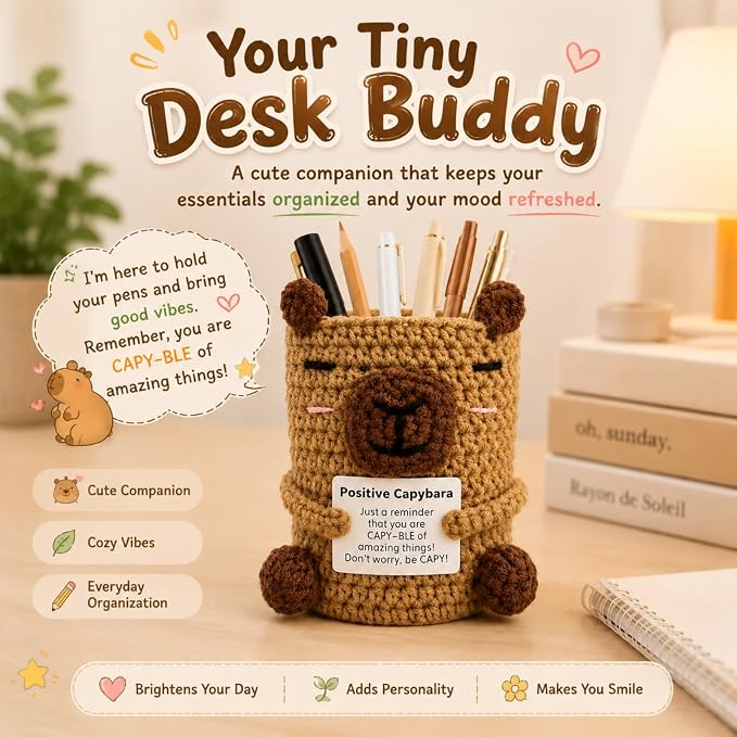 Positive Crochet Capybara Pen Holder - Cute Knitted Desk Organizer for Pens & Makeup Brushes, Funny Emotional Support Capybara Gift for Office & Teachers (Color‌1)