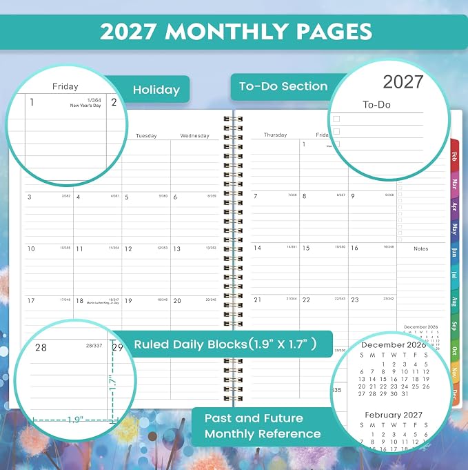 2027 Planner - 2027 Weekly and Monthly Planner, Jan. 2027 - Dec. 2027, 11” x 8.5”, Calendar Planner 2027, Colorful Laminated Tabs, Premium Thick Paper, Twin-Wire Binding, Storage Pocket
