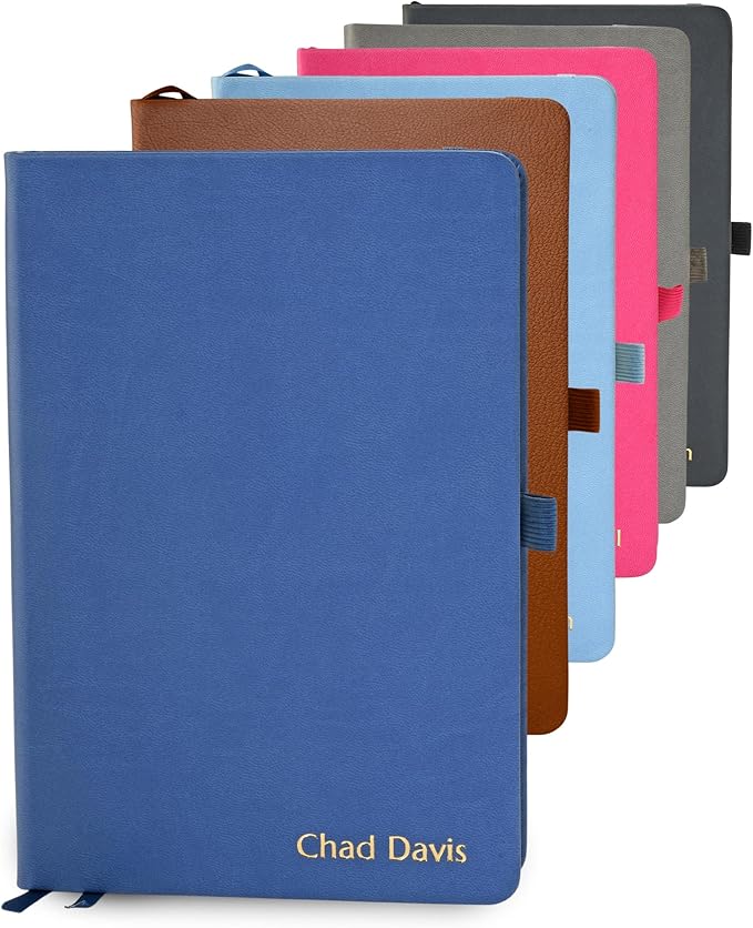 Promot PU Leather Ruled Journal Notebook- Custom Gold Metallic Text (Blue) | Premium Leather-Look Cover, Smooth Lined Writing Pages, Durable Everyday Construction, Lay-Flat Writing Experience
