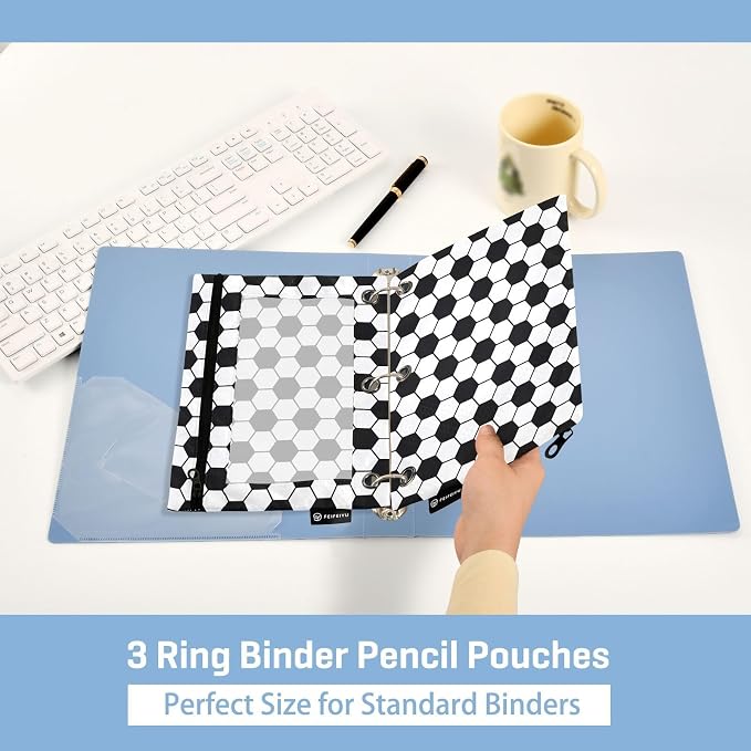 Soccer Pencil Pouches for 3 Ring Binder, Zipper Binder Pencil Case, 2 Pack Clear Window Case Bag for Office Organizers