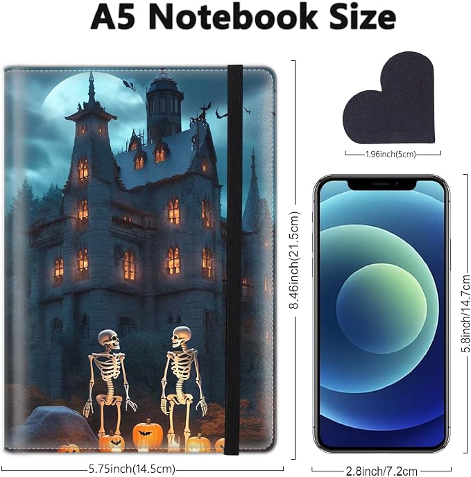 A5 Leather Lined Journal Notebook, 200 Pages Hardcover Executive Notebook for Men Women Office School Note Taking, Thick Writing Paper Daily Journal with Bookmarks/Indexes, Castle Skeleton