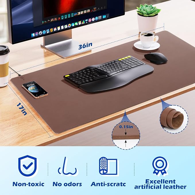 Wireless Charging Desk Mat, Mouse Pad, Brown-L, 36 * 17inch