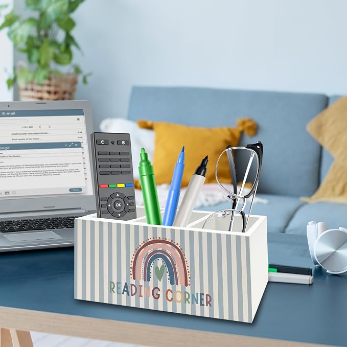 Reading Corner Decor Pen Pencil Holder Organizer for Desk, Boho Rainbow Bookish Wooden Box Signs Decorations for Reading Nook Room Library Desk Tabletop, Book Lover Reader Bookworm Gifts