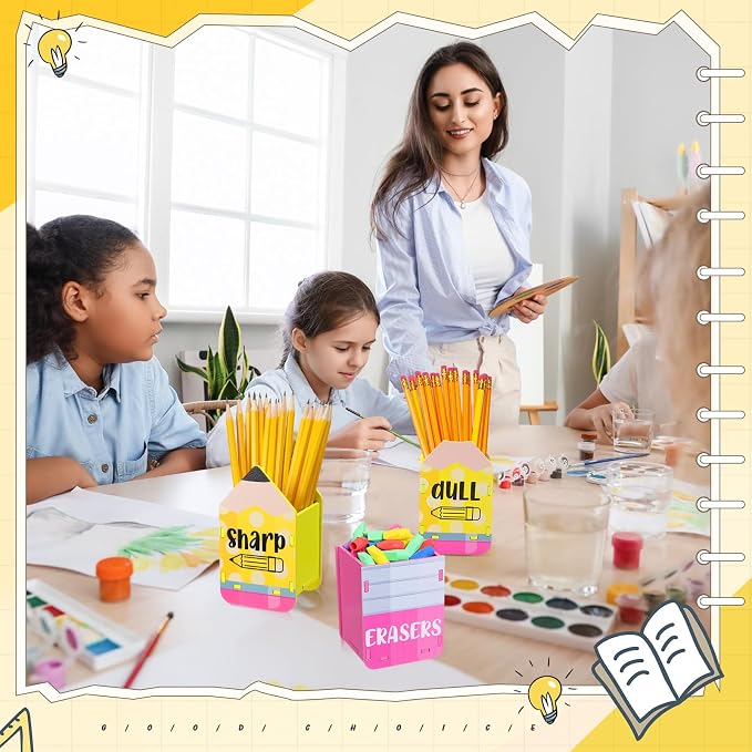DoubleFill 3 Pcs Sharp and Dull Pencil Holder Eraser Buckets Wooden Shaped Dispenser for Back to School Teachers Classroom Management(Cute Circle)