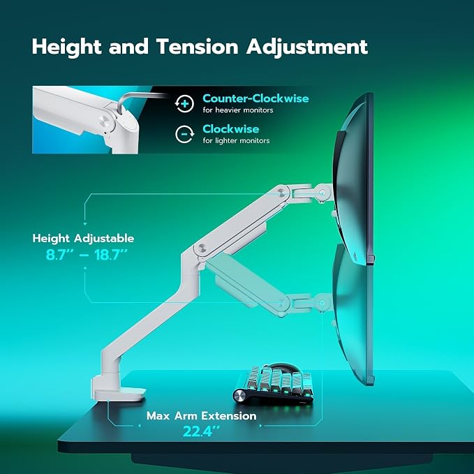 ARES WING Ultrawide Monitor Arm for 17 to 49 Inch and 44 Lbs Screen, White | Pro Gas Spring, Full Range of Motion, for 75/100 Vesa Mount, for Samsung, LG Curved/Flat Monitor, with C Clamp, Grommet Base