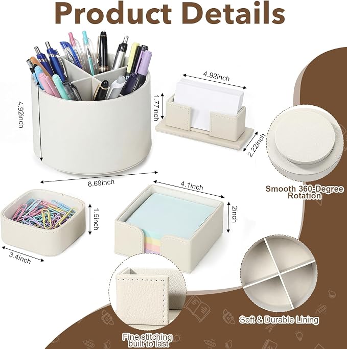 4 Pcs Rotating Leather Pen Holder for Desk Organizer Office Supplies Business Card Sticky Note Holder Paperclip Storage Desk Accessories Set for Teacher Back to School Gift(Beige)