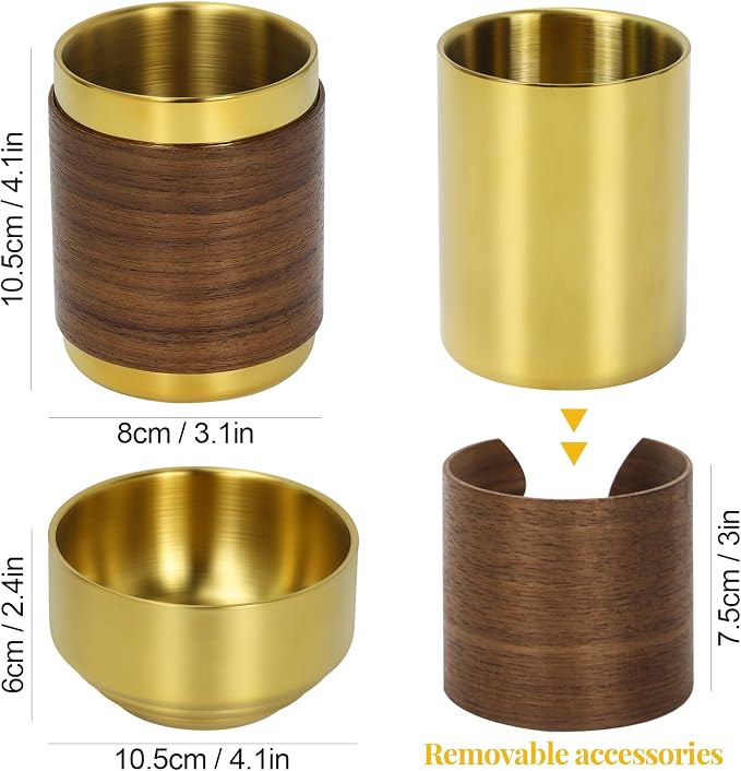 MultiBey 2-Piece Gold Desk Organizer Set, Luxury Gold Paper Clip Holder with Walnut Accent Pen Cup, Convertible Pencil Holder for Office Desk Accessories Gift
